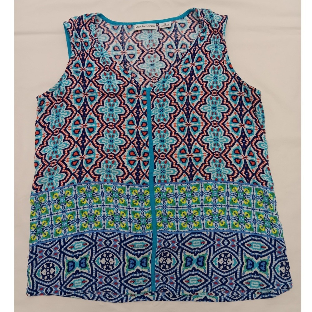 Liz Claiborne Women's Size Small Sleeveless V Neck Geometric Print Top Blouse